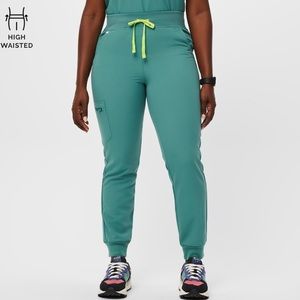 New Figs High Waisted Zamora Jogger with yoga waist and cactus green teal lime